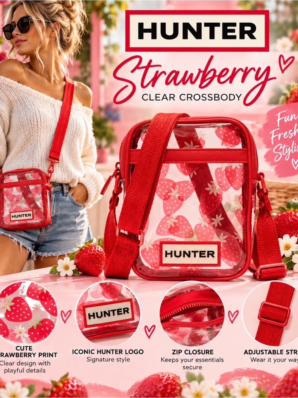HUNTER- Women’s Red Strawberry Clear Crossbody Bag
